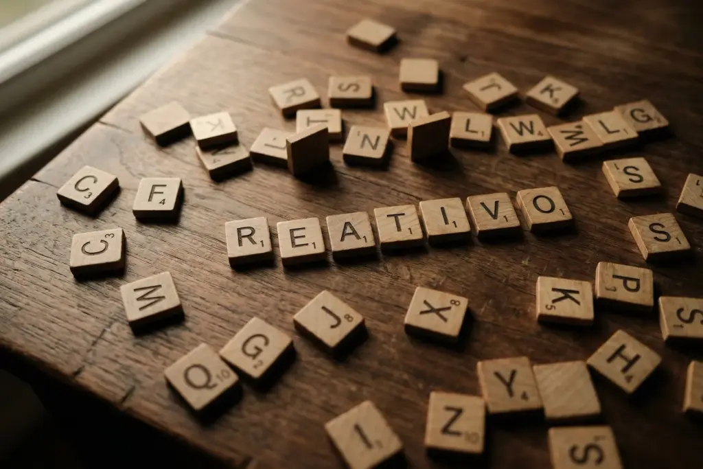Wooden letter tiles scattered across a dark walnut table, warm moody lighting