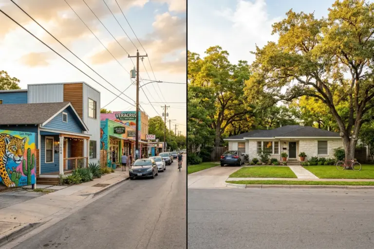 Split view comparing colorful East Austin streetscape with eclectic shops and murals alongside tree-lined South Austin residential street with classic homes
