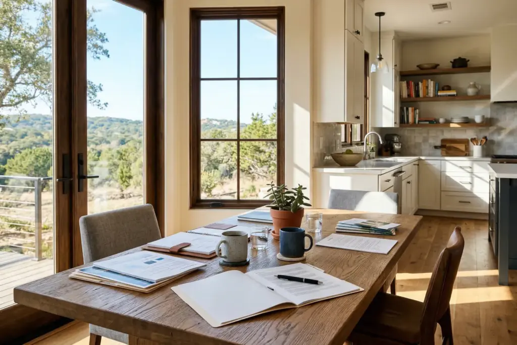Real estate contract documents spread on kitchen table with coffee mugs in bright Austin Texas home