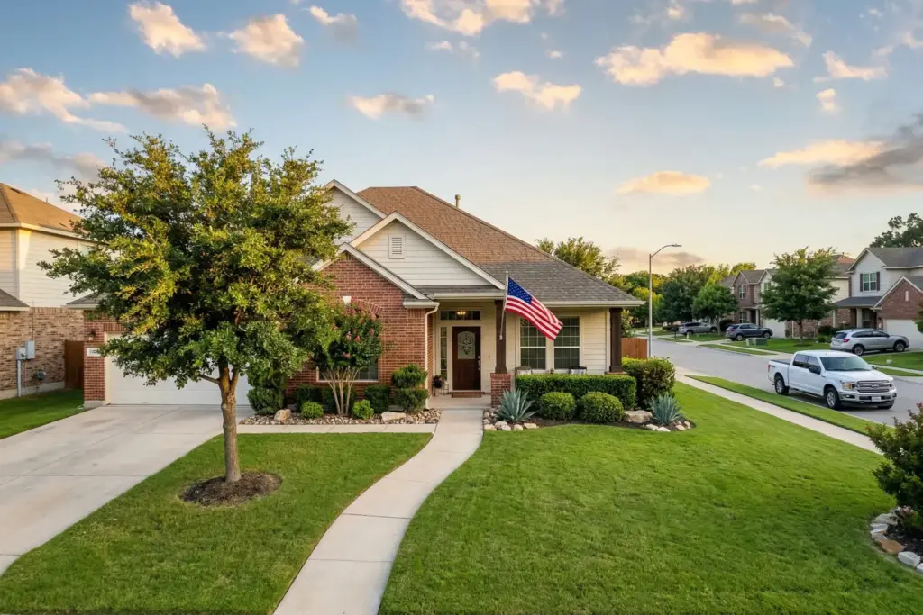 Family home with American flag in a military-friendly neighborhood near Fort Cavazos in Killeen Texas at golden hour