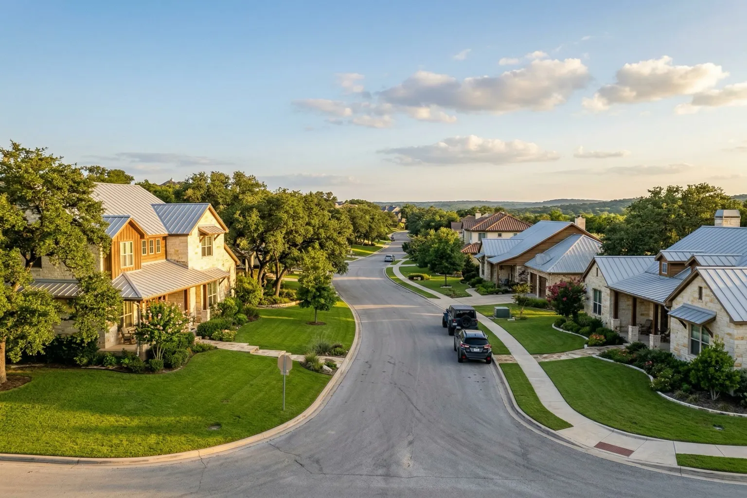 Charming residential neighborhood with limestone homes and live oak trees in Austin Texas Hill Country