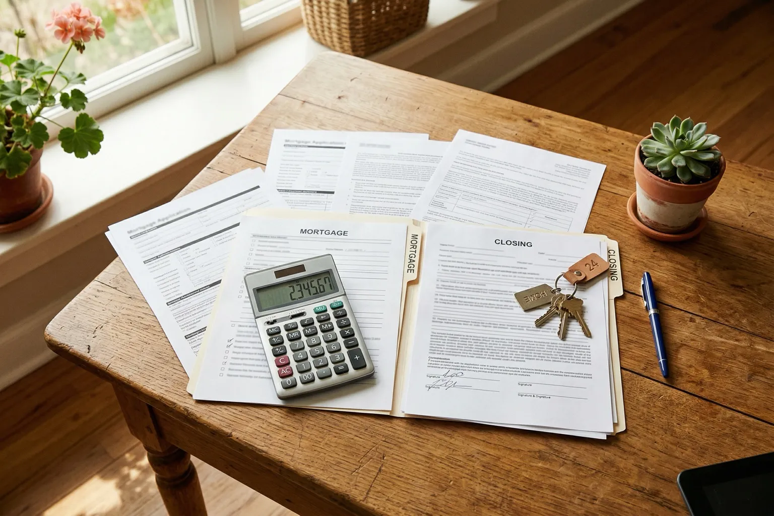 Home buying documents, calculator, house keys, and mortgage paperwork spread on a wooden desk