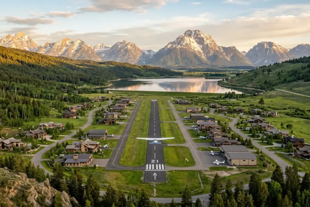 Aerial view of a mountain fly-in airpark community with hangar homes along a private runway in a Rocky Mountain valley near Jackson Hole Wyoming at golden hour