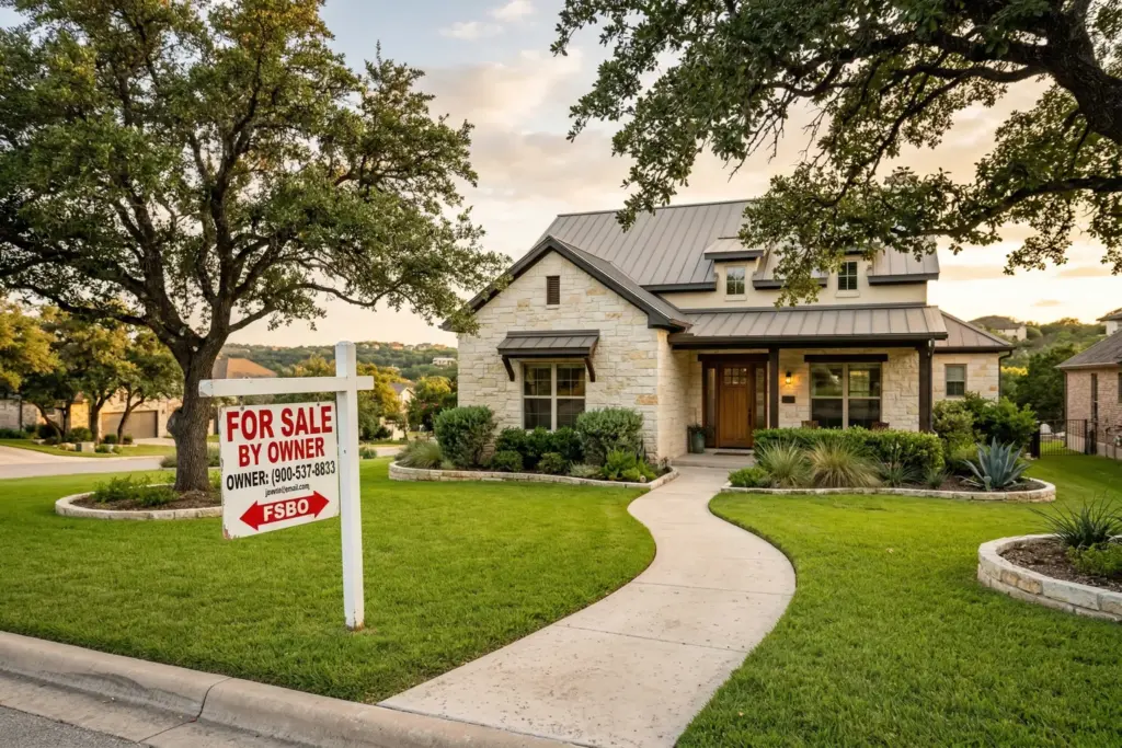 For sale by owner sign in front of a limestone ranch home with live oak trees in Austin Texas Hill Country