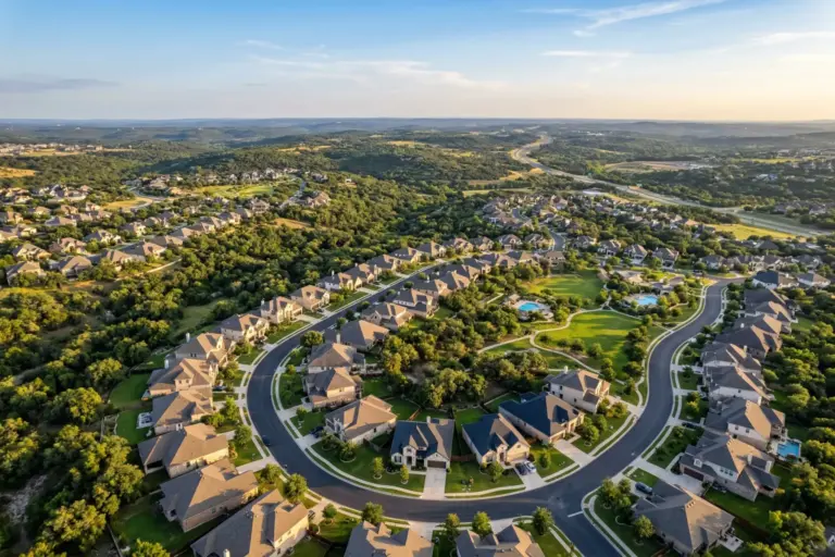 Aerial view of suburban neighborhoods with Texas live oaks and stone homes in Williamson County near Georgetown Round Rock and Cedar Park Texas