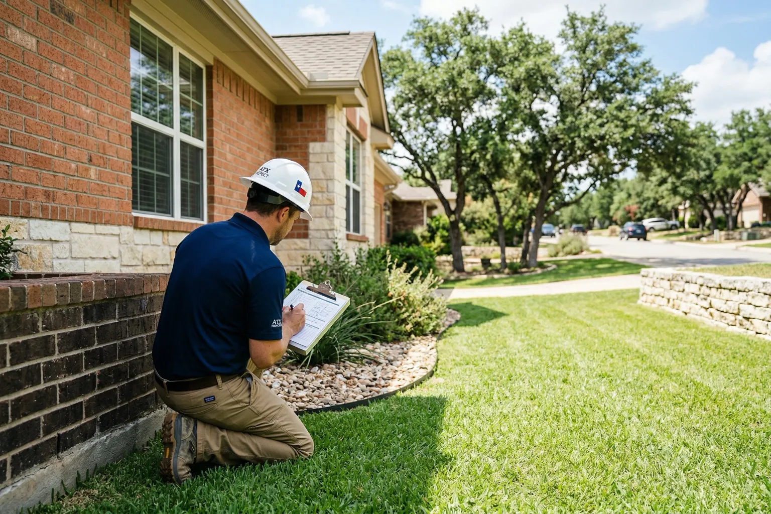 Home inspector with clipboard examining the exterior foundation of a ranch home in an Austin Texas Hill Country neighborhood