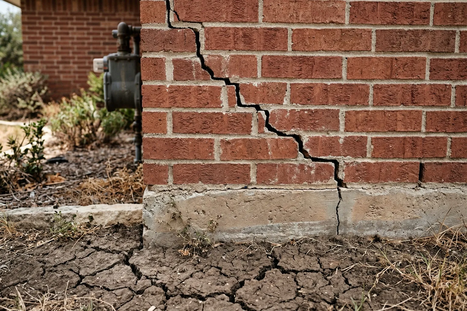 Close-up of stair-step foundation crack in brick mortar joints caused by expansive clay soil in Austin Texas