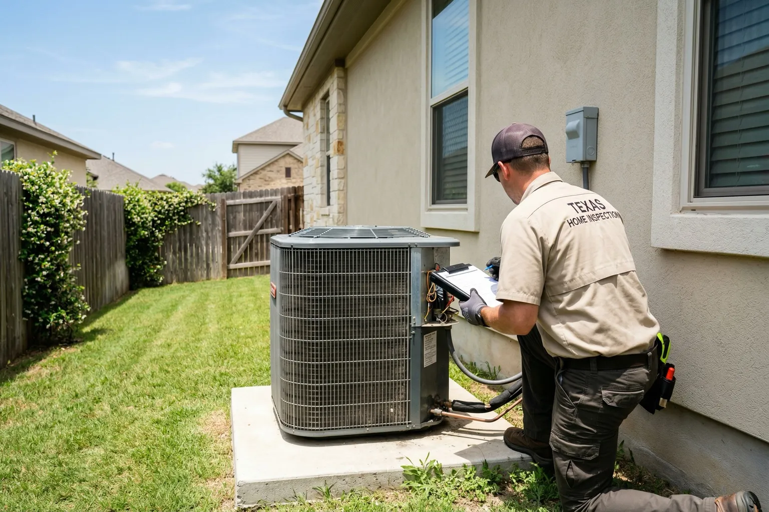 Home inspector examining outdoor HVAC condenser unit at a residential property in Austin Texas