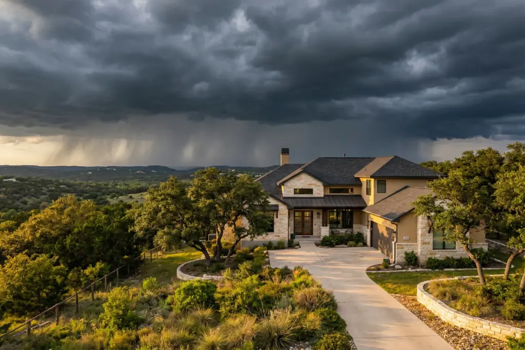 Limestone home in Bee Cave Texas Hill Country with approaching spring hail storm and dark clouds