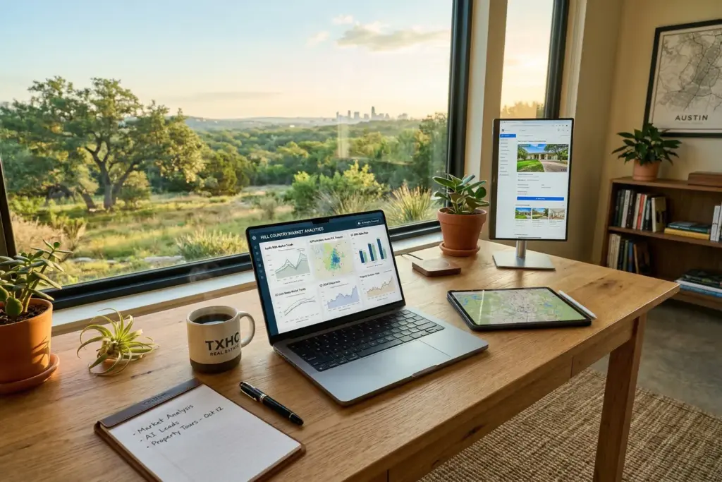 Home office desk with open laptop displaying analytics dashboards and coffee cup with Texas Hill Country morning light streaming through window