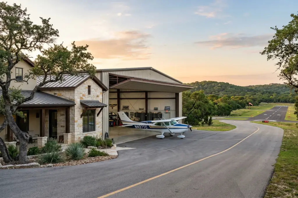 Single engine airplane inside open residential hangar with taxiway and runway in the Texas Hill Country at golden hour