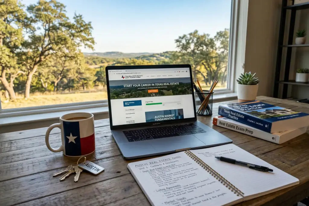 Desk workspace with laptop showing real estate courses, house keys, and Texas coffee mug with Hill Country view through window