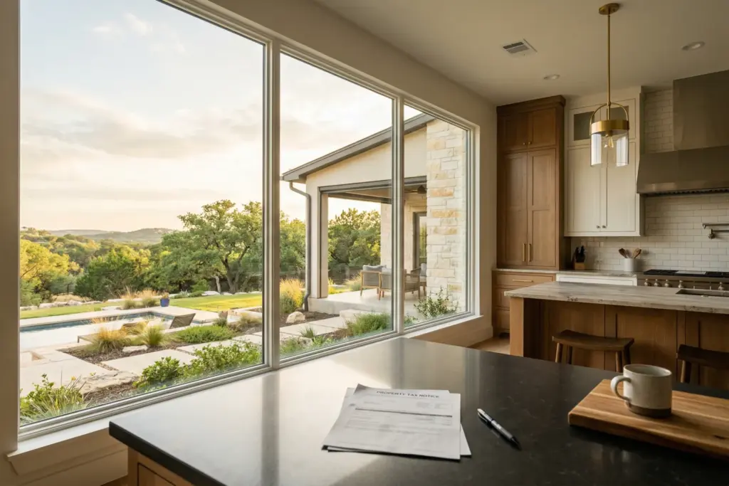 Texas Hill Country home with property tax documents on kitchen counter showing Bee Cave Lakeway landscape through windows