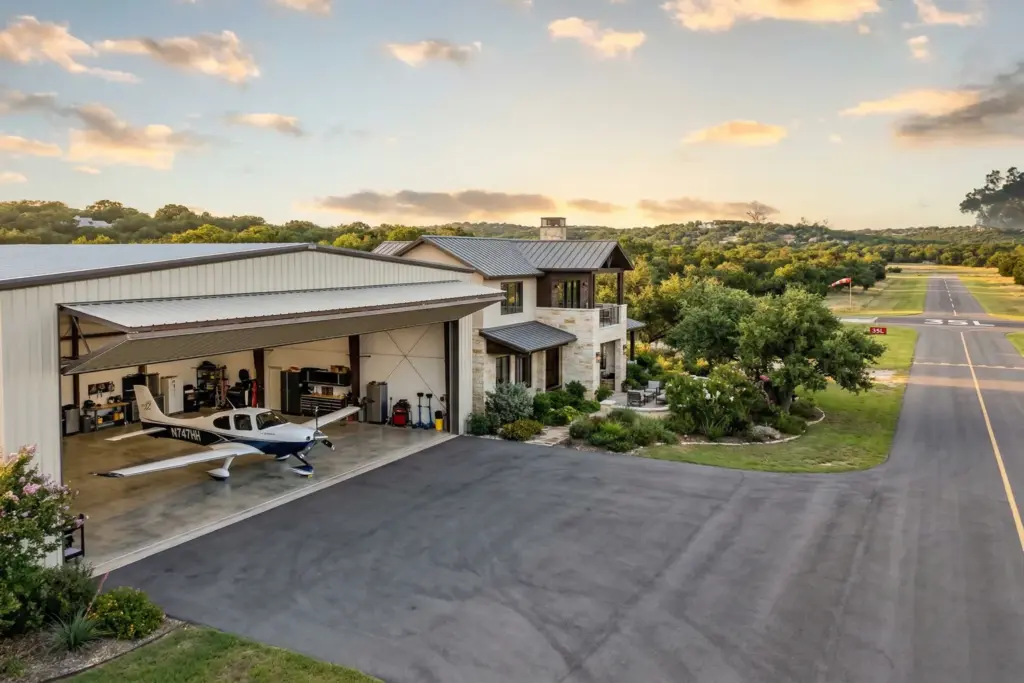Residential airpark hangar home with single-engine airplane and taxiway access to runway in the Texas Hill Country near Austin