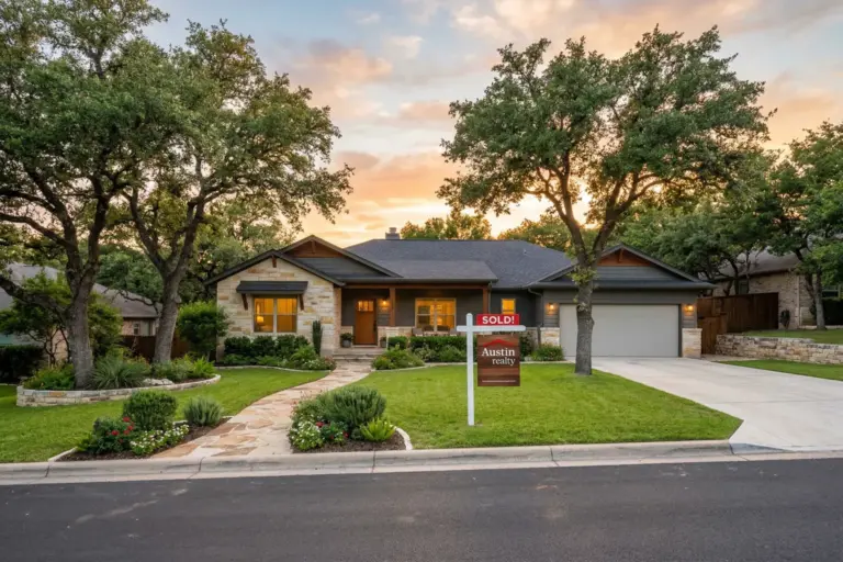Modern craftsman home with SOLD sign in front yard at golden hour in the Austin Texas Hill Country