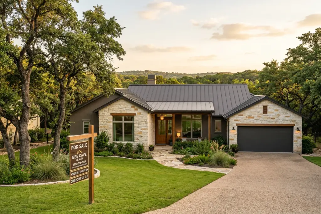 Single story limestone home with for-sale sign in Bee Cave Texas Hill Country at golden hour
