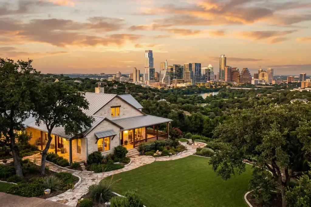 Limestone home in Austin Hill Country with city skyline visible at golden hour sunset