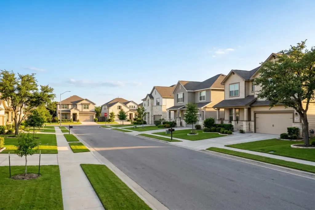 Suburban neighborhood in Kyle Texas with modern single-family homes at golden hour