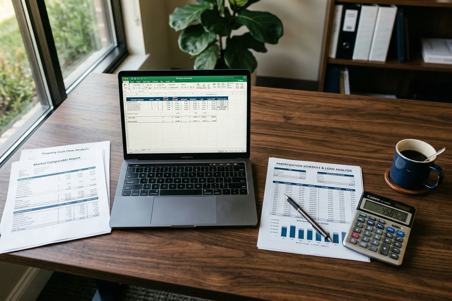 Overhead view of investment property financial analysis with calculator laptop and documents on desk