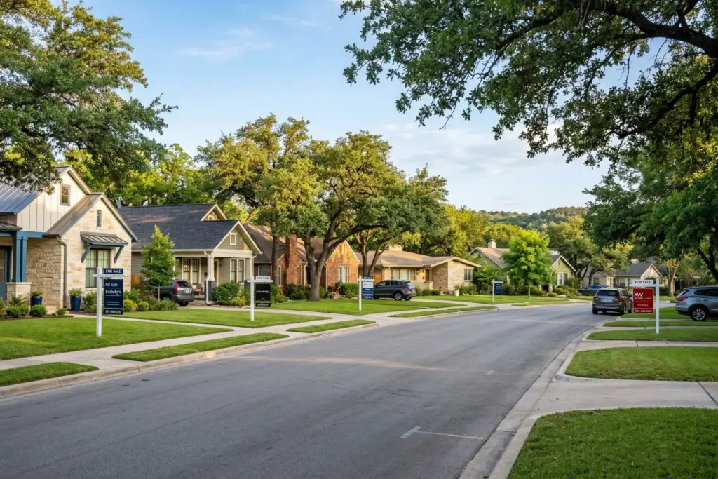 Austin Texas neighborhood street with multiple homes for sale signs under live oak trees showing abundant buyer inventory in 2026