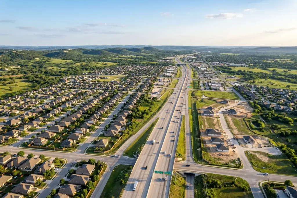 Aerial drone photo of I-35 highway corridor south of Austin Texas with suburban neighborhoods and Texas Hill Country landscape