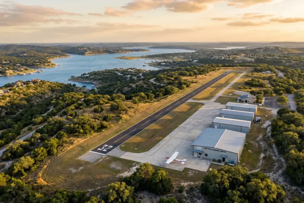 Aerial view of Rusty Allen Airport runway in Lago Vista Texas with Hill Country landscape and Lake Travis in the background