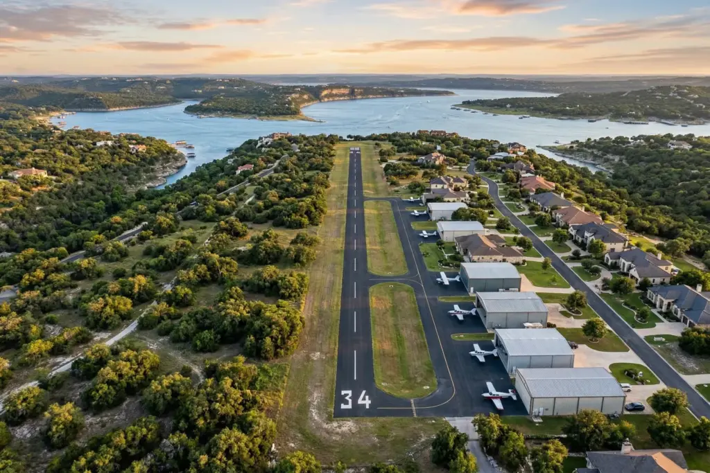 Aerial view of Lakeway Airpark runway with small aircraft parked near hangars, Texas Hill Country landscape and Lake Travis visible in background