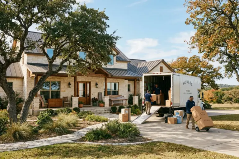Moving truck parked in front of a stone home with live oak trees in Austin Texas
