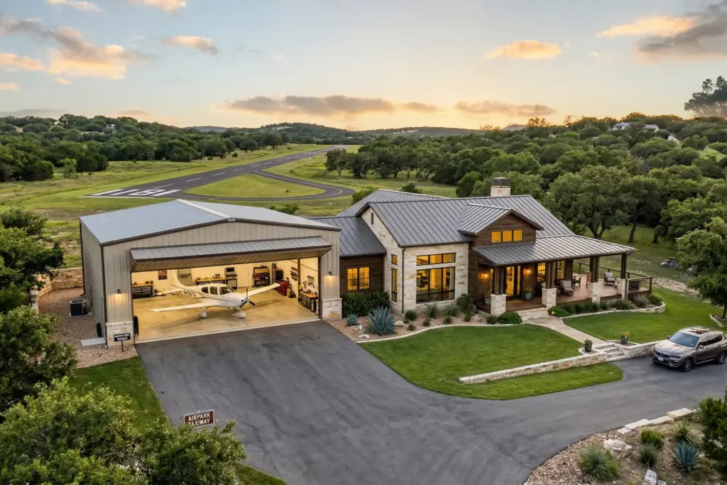 Custom home with attached aircraft hangar and taxiway access at a residential airpark in the Texas Hill Country near Austin