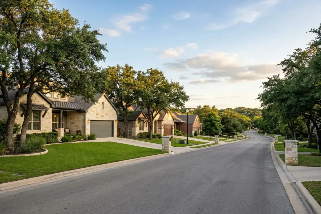 Tree-lined residential street in Austin Texas Hill Country with well-maintained homes and mature live oak trees at golden hour