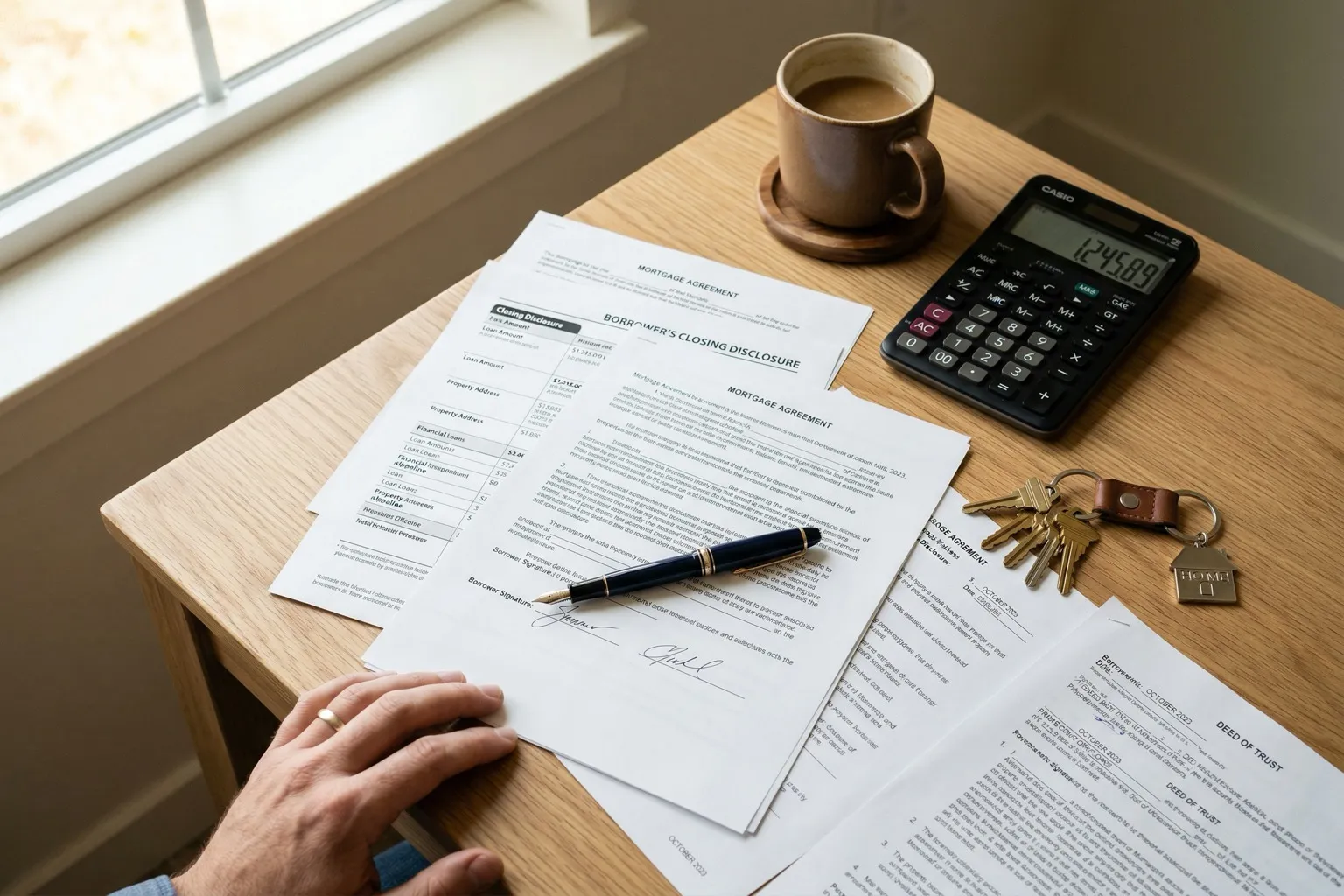 Mortgage paperwork with pen calculator and house keys on modern desk with warm natural lighting