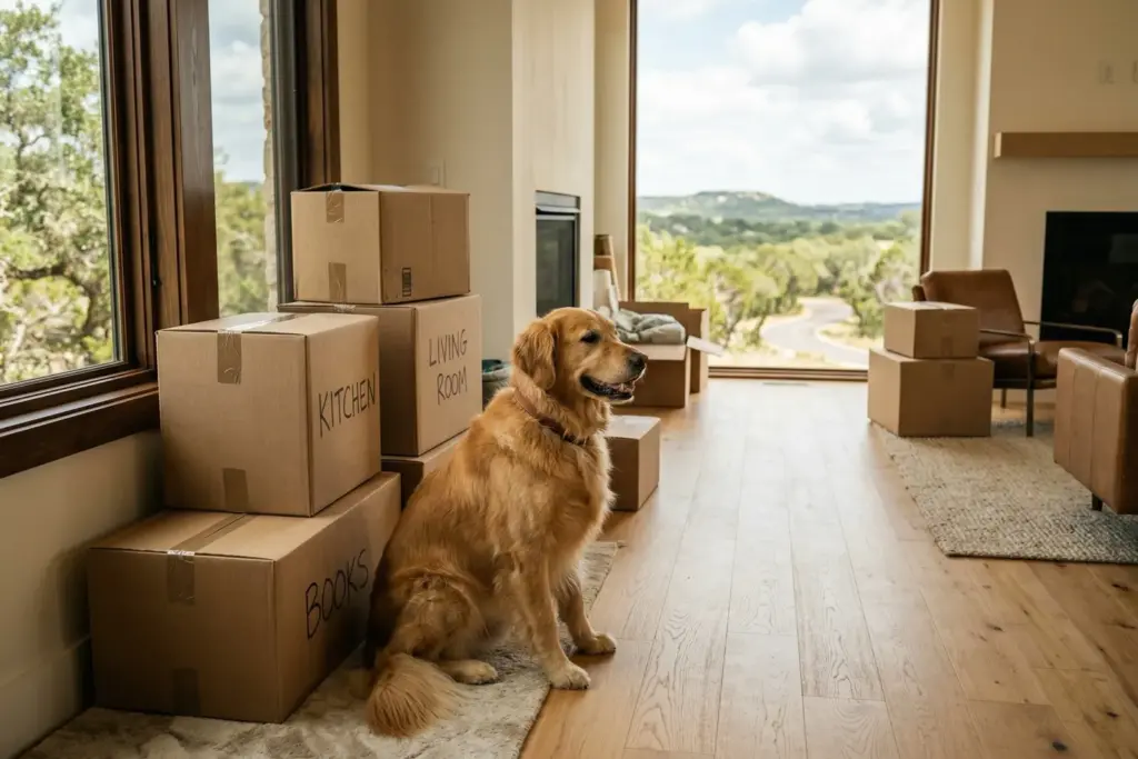 Dog sitting calmly next to moving boxes in a bright Austin home
