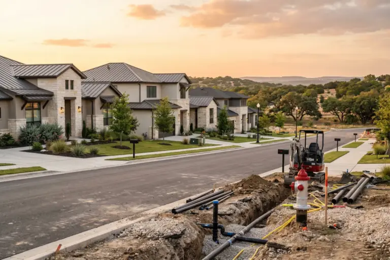 New construction homes with utility infrastructure being installed in an Austin Texas MUD district community