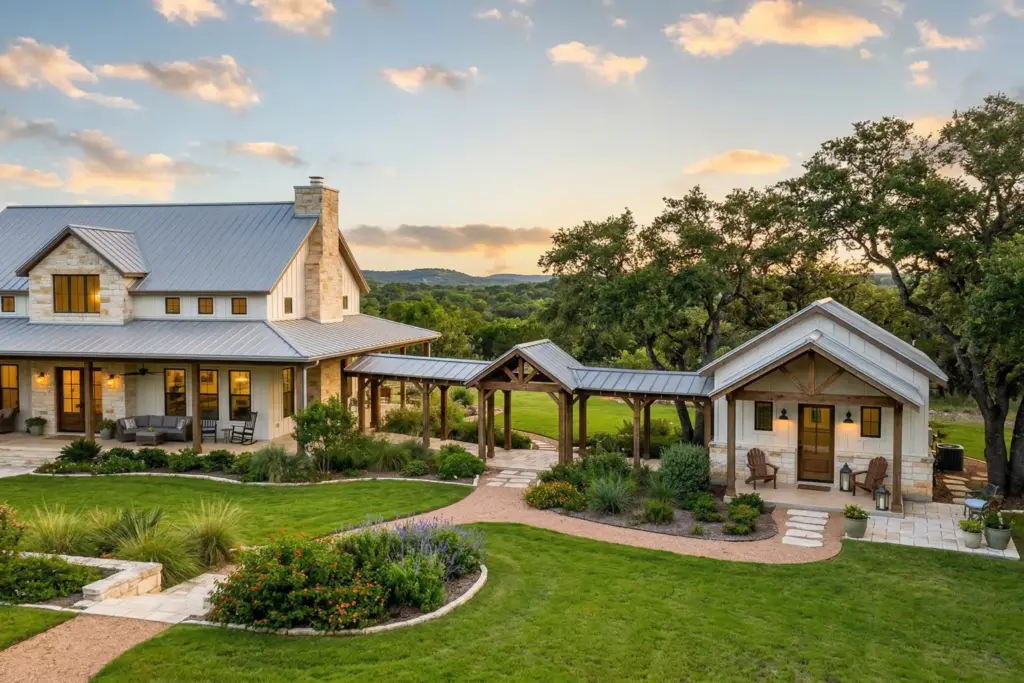 Modern farmhouse style multigenerational home with detached casita guest house in the Texas Hill Country near Austin