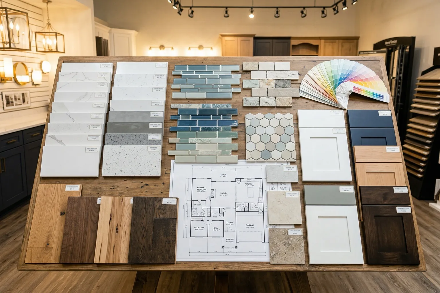 Design center table with quartz countertop samples and flooring options