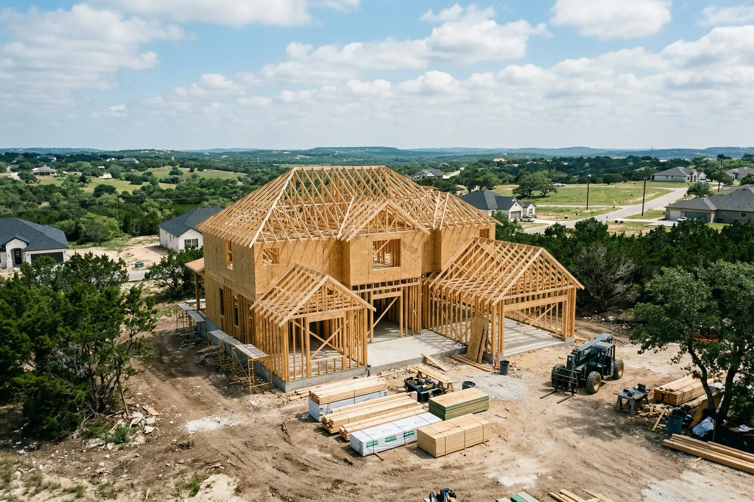 New construction home at framing stage in Texas Hill Country