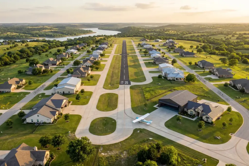 Aerial view of Pecan Plantation fly-in airpark community showing runway taxiways and hangar homes in Granbury Texas