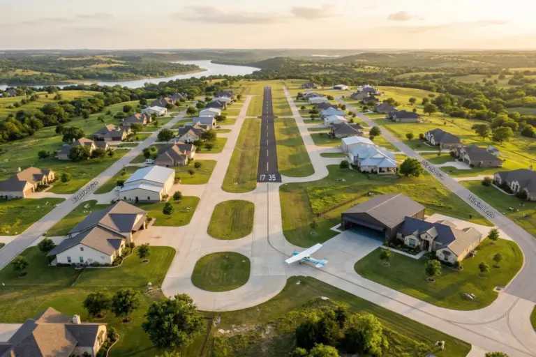 Aerial view of Pecan Plantation fly-in airpark community showing runway taxiways and hangar homes in Granbury Texas