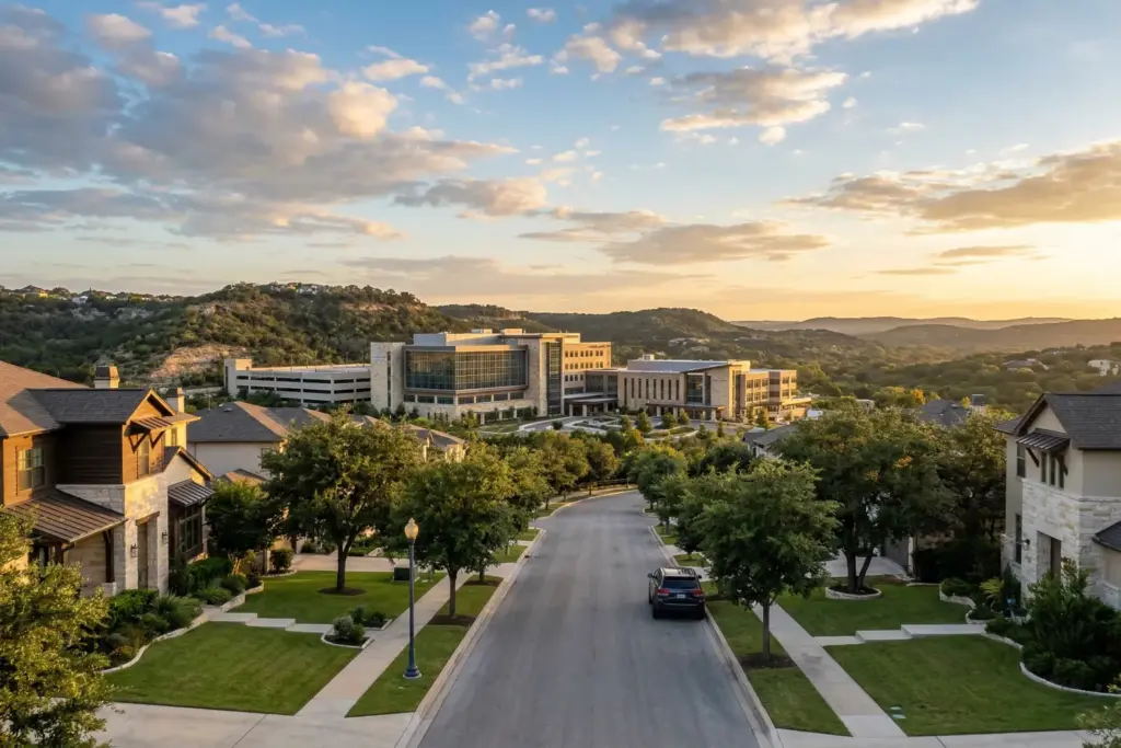 Tree-lined residential street in Austin Texas Hill Country at golden hour for physicians relocating to Austin