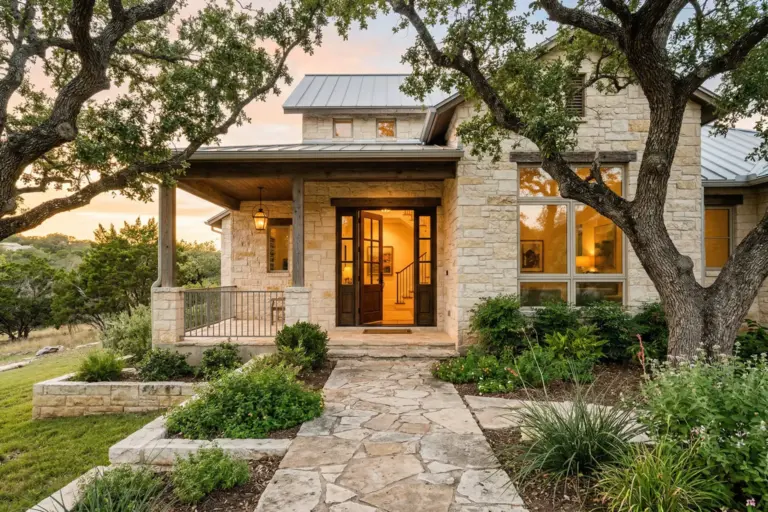 Open front door of a Texas Hill Country limestone home with warm light and live oak trees, symbolizing equal access to housing