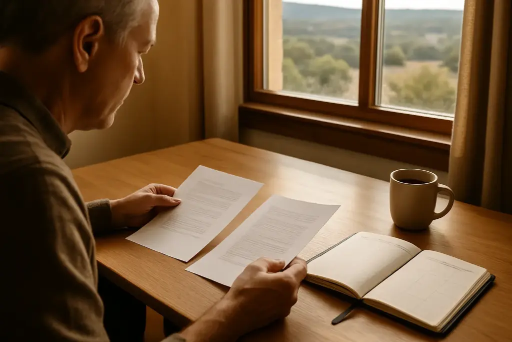 Real estate agent succession plan documents and planner on a home office desk with Hill Country view