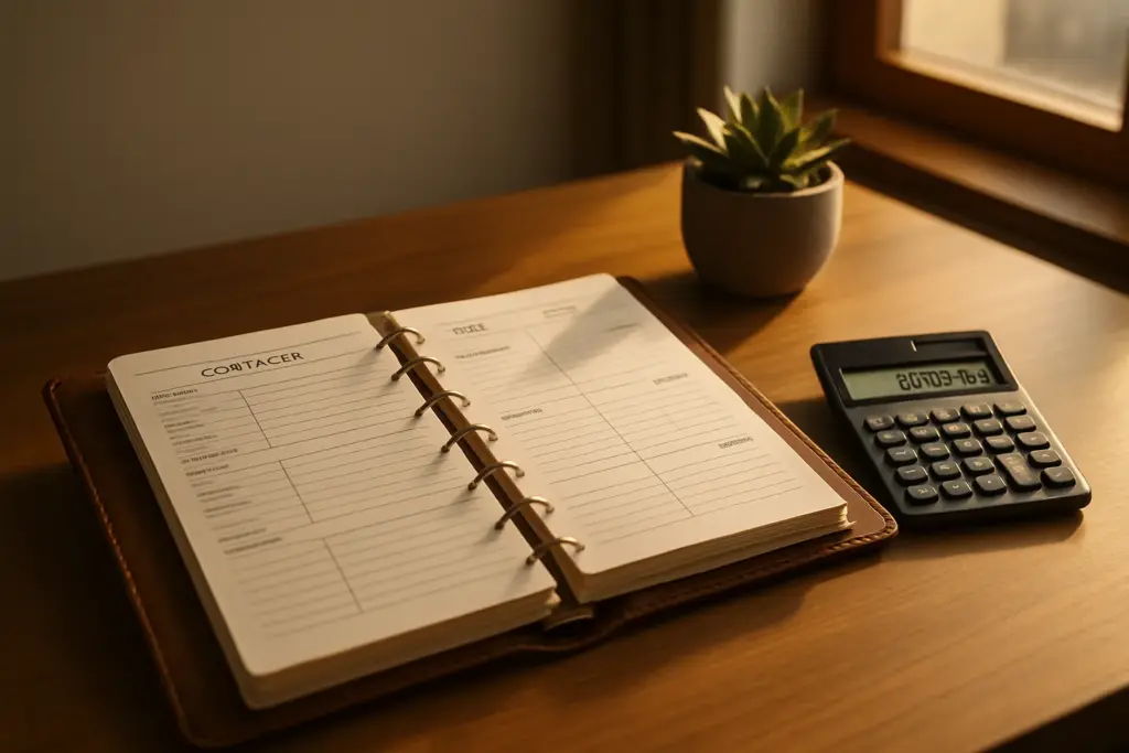 Open contact ledger with calculator and succulent on a warm wooden desk representing the value of a real estate book of business