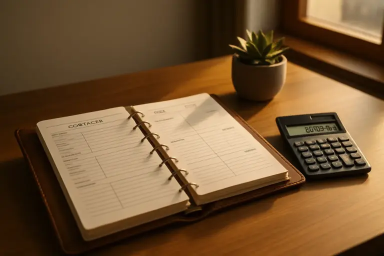Open contact ledger with calculator and succulent on a warm wooden desk representing the value of a real estate book of business