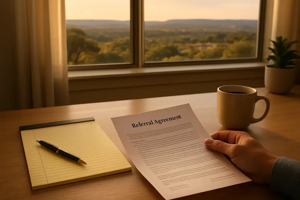 Real estate agent reviewing referral agreement documents at a Texas home office desk with Hill Country view at golden hour