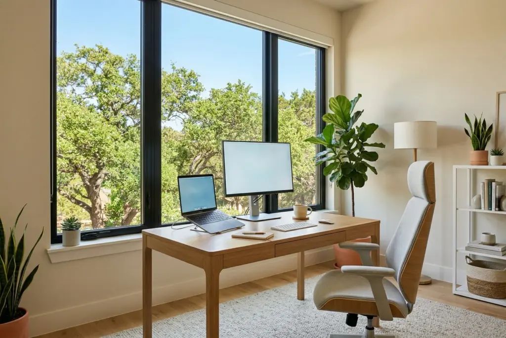 Bright home office with laptop and monitor set up for remote work