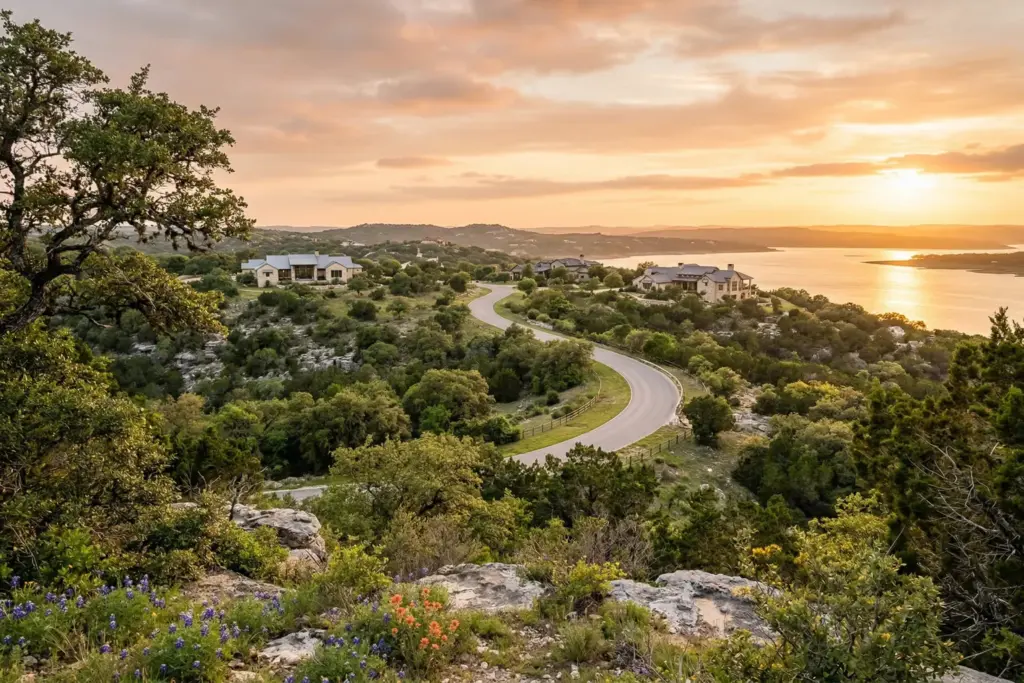 Scenic golden hour view of the Texas Hill Country with rolling hills, live oak trees, and Lake Travis visible in the distance near Lakeway Texas
