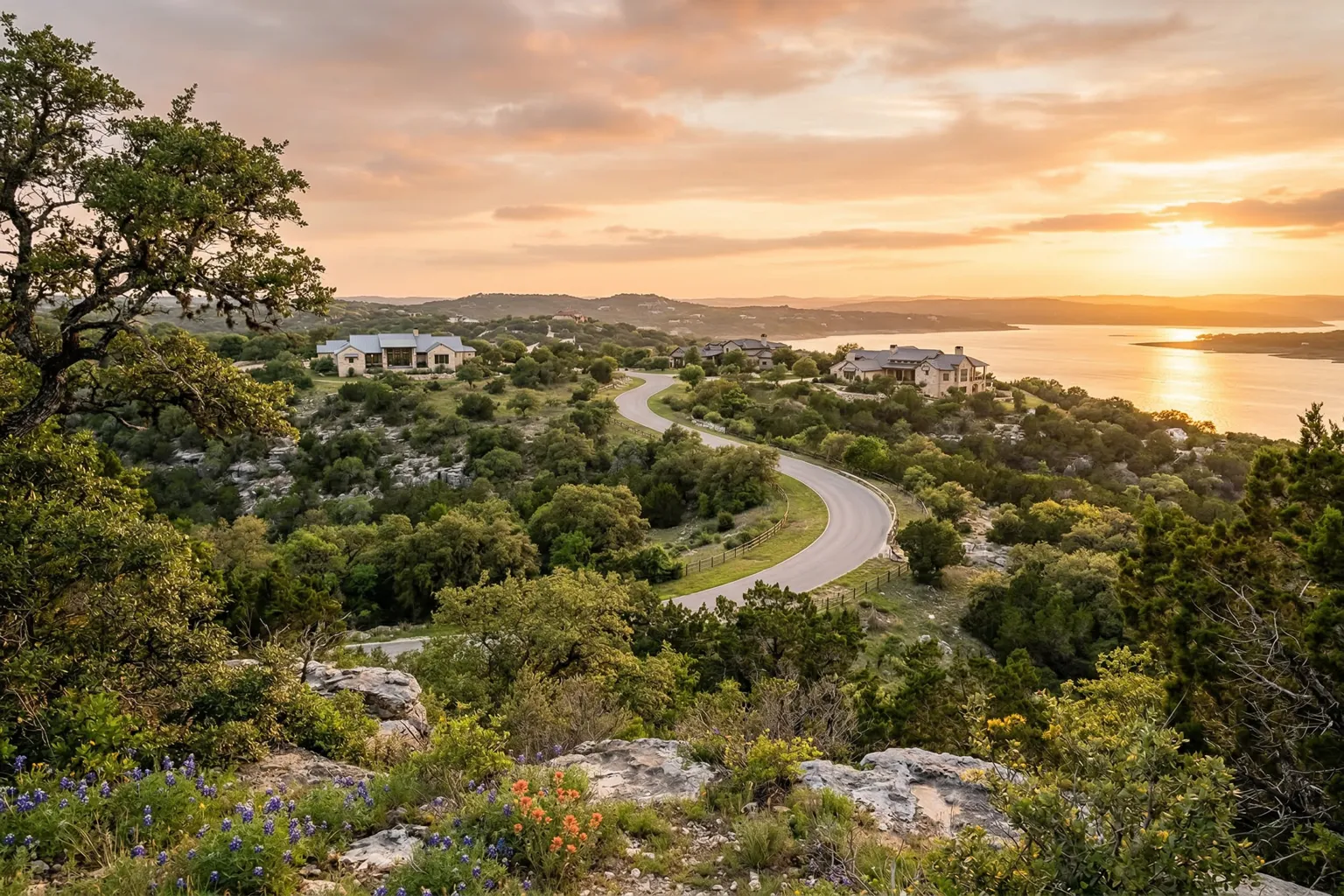 Lake Travis waterfront at sunset near Lakeway, TX