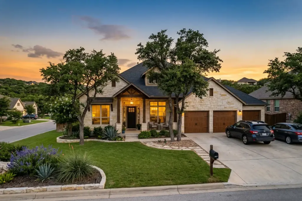 Beautiful family home in the Texas Hill Country at sunset with limestone exterior and live oak trees in Bee Cave Texas
