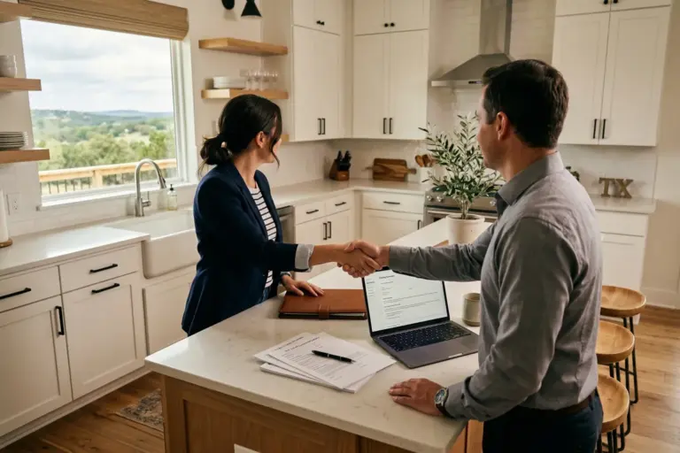 Two people shaking hands over paperwork in a modern Austin Texas home kitchen during a real estate negotiation with Hill Country views