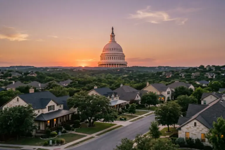 US Capitol dome at golden hour with suburban single-family homes representing the Senate ROAD to Housing Act impact on Austin Texas real estate